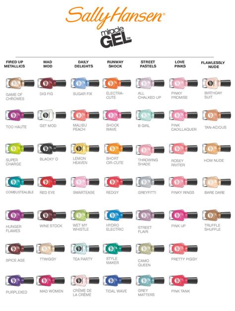 Sally hansen miracle gel color chart - Our ultimate chip-resistant nail polish, Miracle Gel, is patented technology for longer wear. No UV lamp required.The next best thing to a salon gel manicure that you can do at homeThe longer lasting manicureNumber 1 selling gel polish in the US* #1 Nail Color* *Nielsen $ 52W w/e 6.25.16